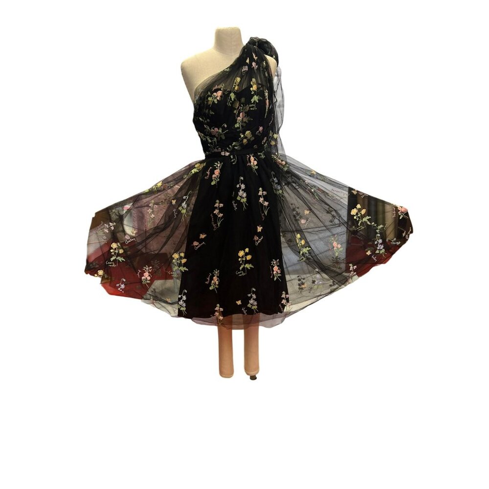 Darling Custom Made Tailored Handmade One-Shoulder Black Floral Embroidered Dres - Picture 2 of 14